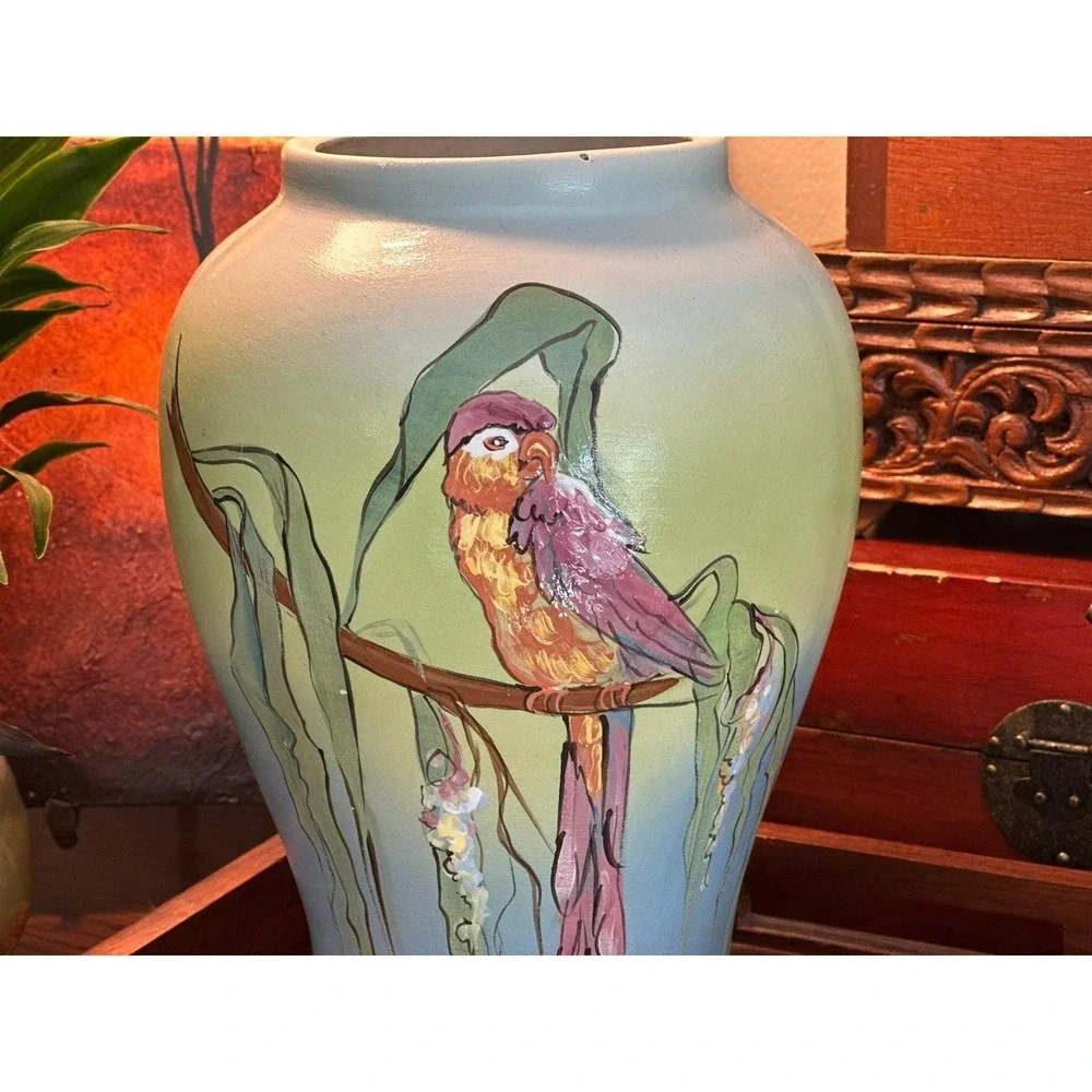 Rick Wisecarver Handcrafted Tropical Bird Ceramic Vase 1982 Green Blue 10in